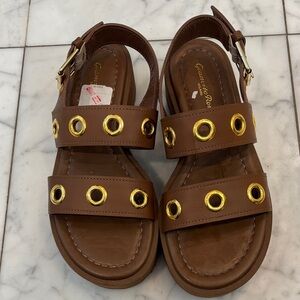 NWT Gianvito Rossi wedge sandals in brown leather with gold buckles. Were $950